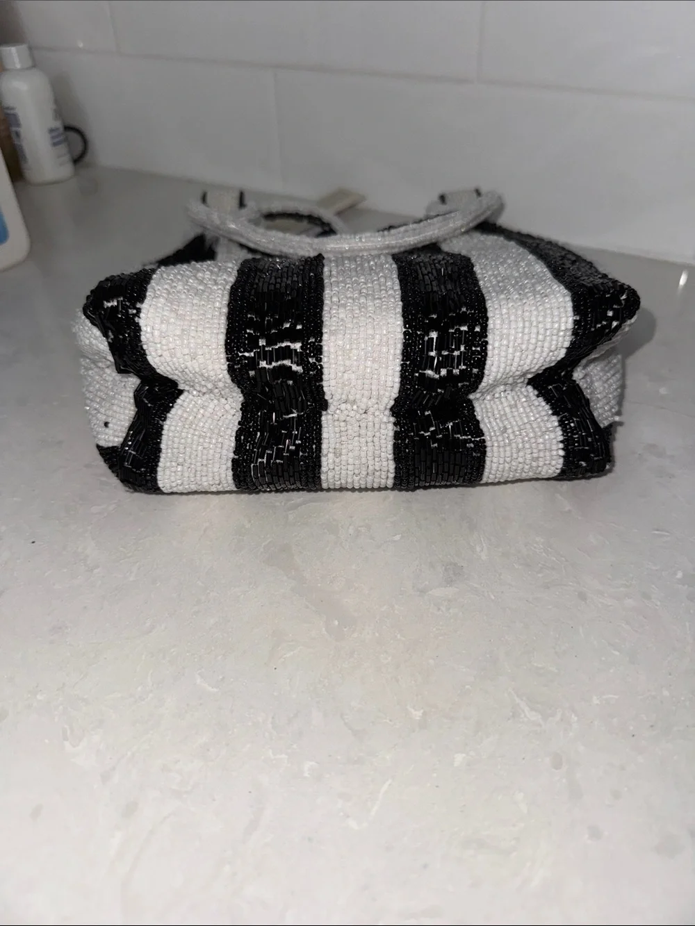 Hand-Beaded Black & White Stripe Women's Tote